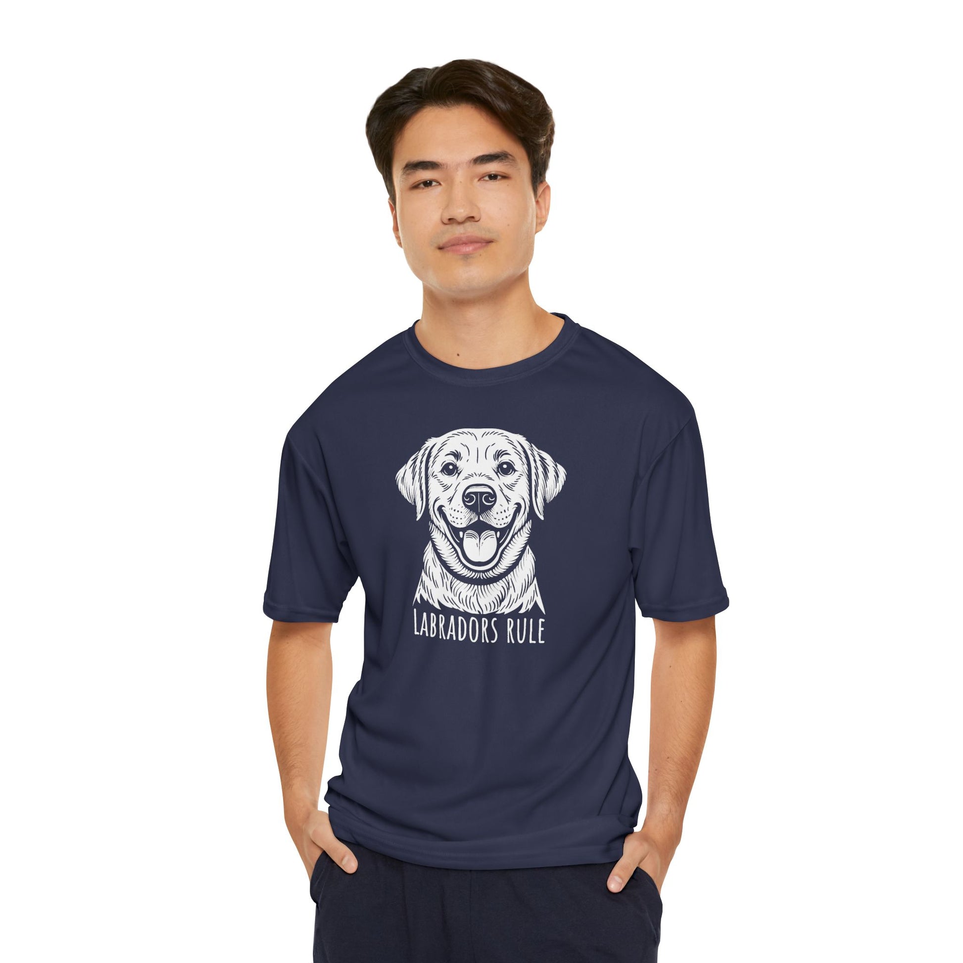 Man wearing a navy blue t-shirt with a dog graphic and 'Labradors Rule' text on a white background