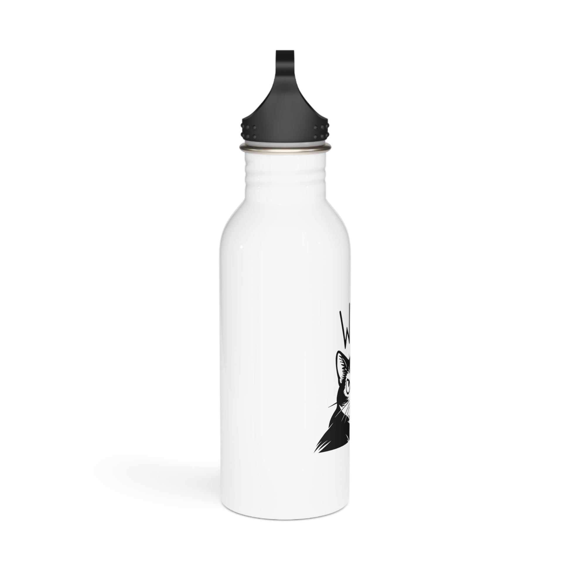 White water bottle with black lid and graphic design on a white background