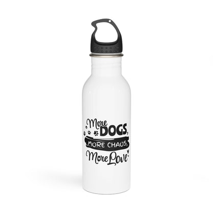 White water bottle with black text and paw prints on a white background