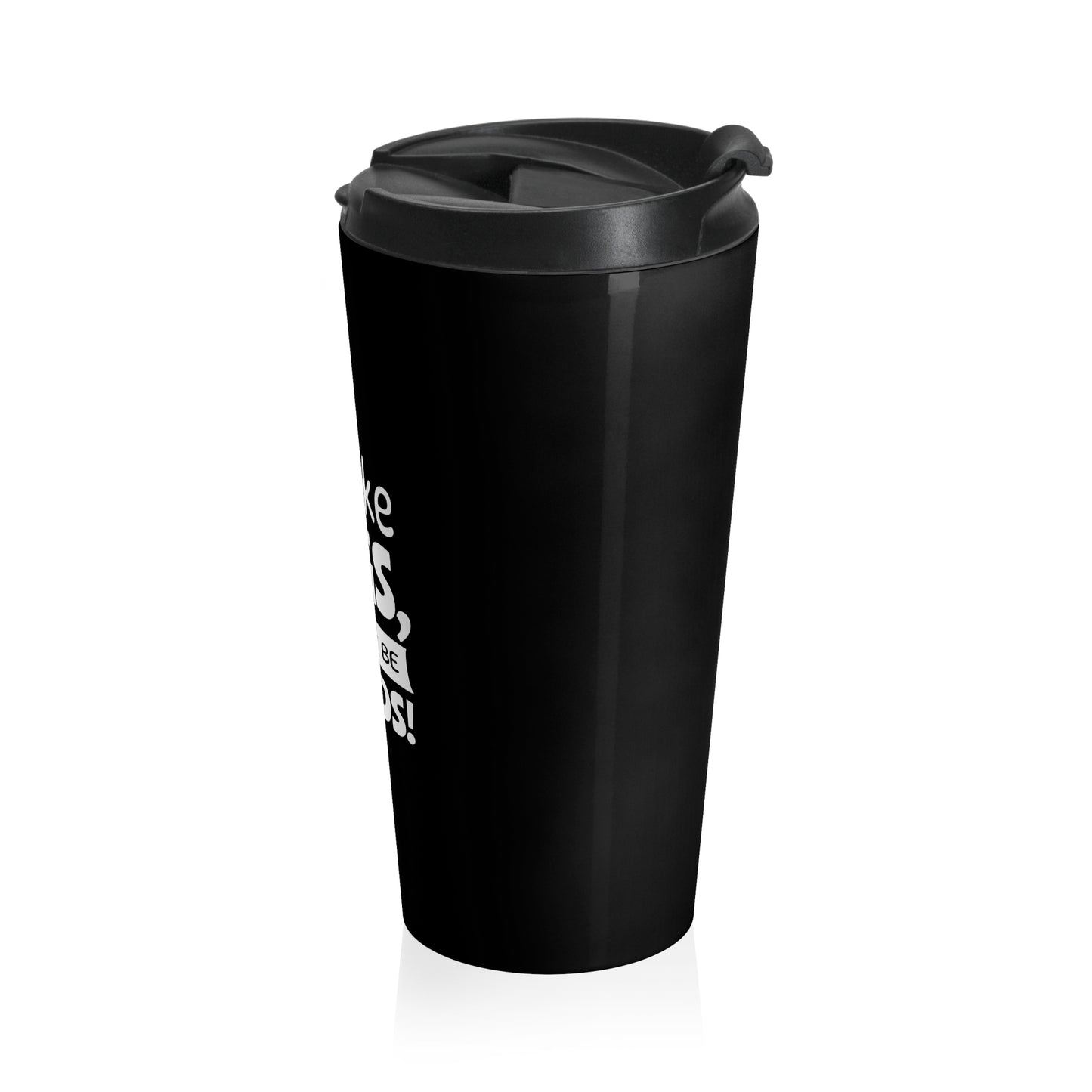 Black travel mug with a white logo on a white background