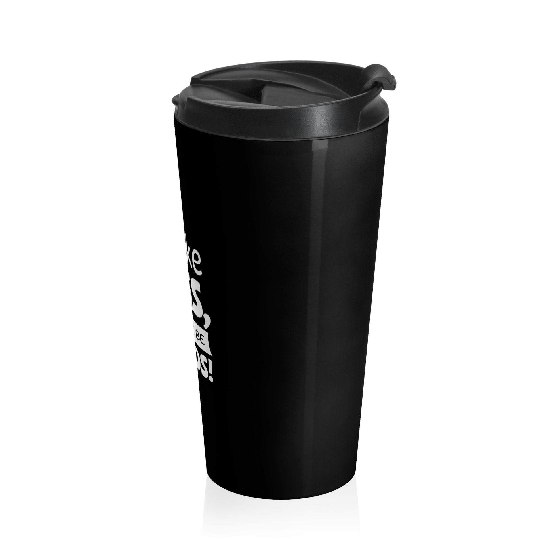 Black travel mug with a white logo on a white background