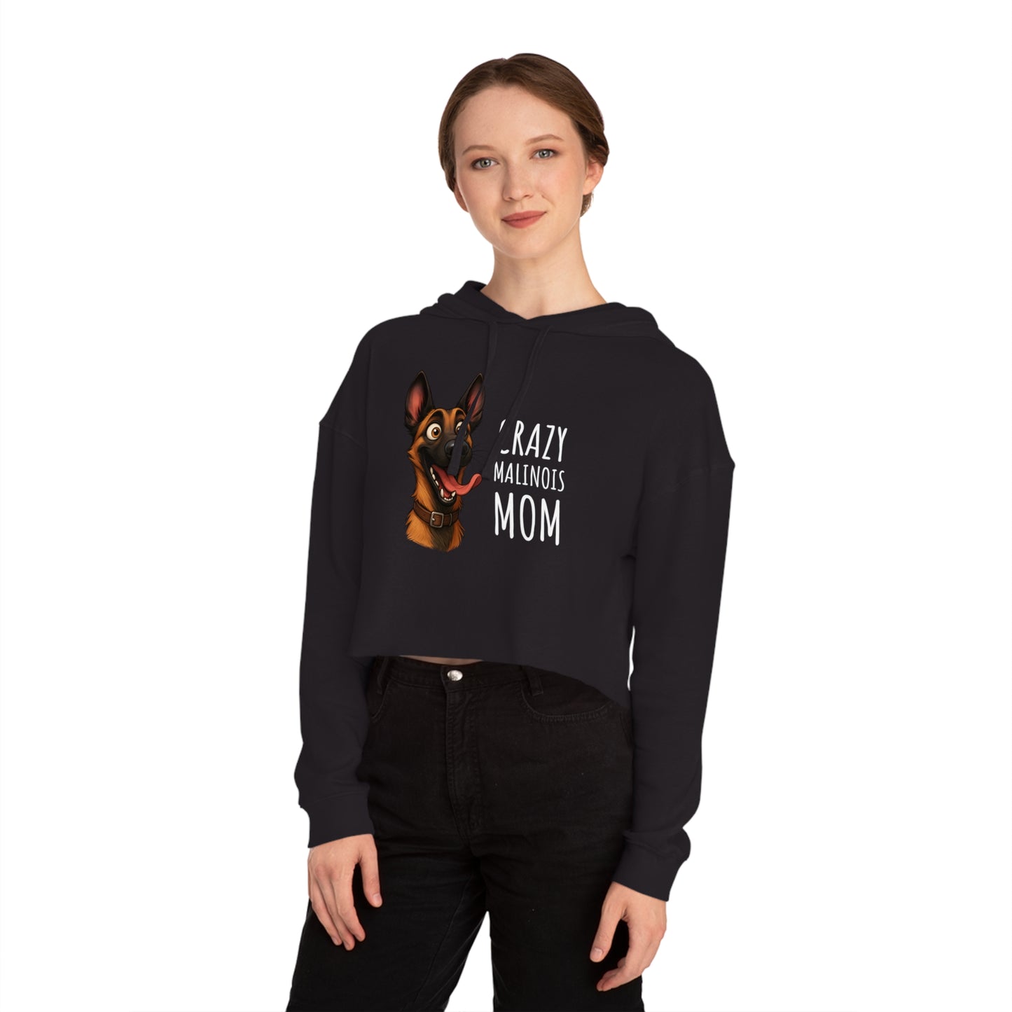 Person wearing a black hoodie with a dog graphic and text on a white background