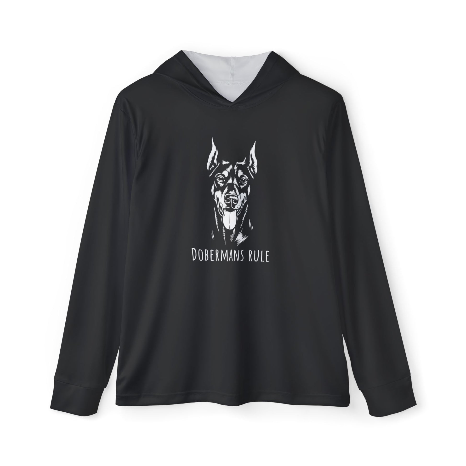 Black hoodie with a graphic of a doberman and 'Dobermans Rule' text on a white background