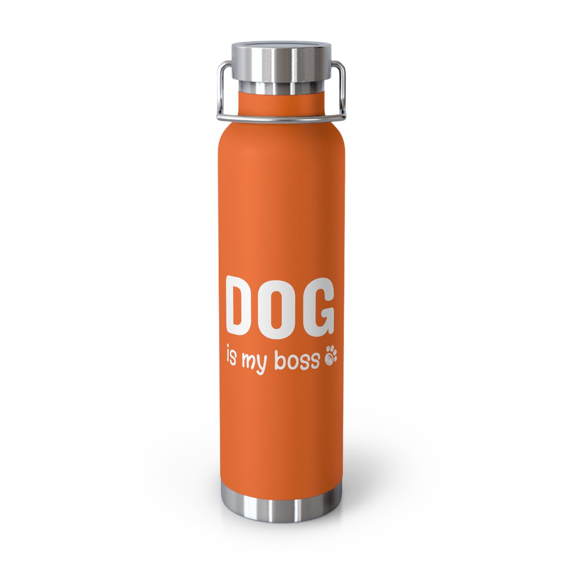 Orange water bottle with 'DOG is my boss' text on a white background