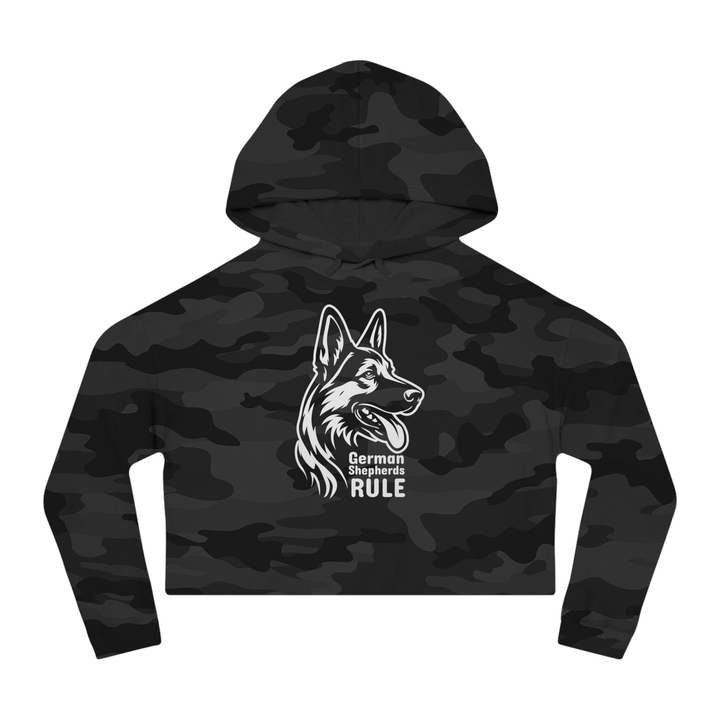 Black camouflage hoodie with a German Shepherd design and 'German Shepherds Rule' text on a white background.