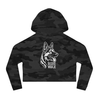 Black camouflage hoodie with a German Shepherd design and 'German Shepherds Rule' text on a white background.