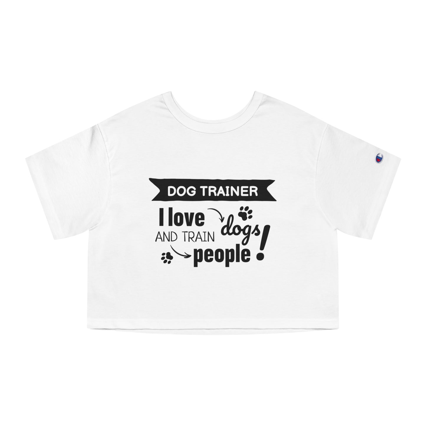 White crop top with black text 'Dog Trainer I love dogs and train people' on a white background