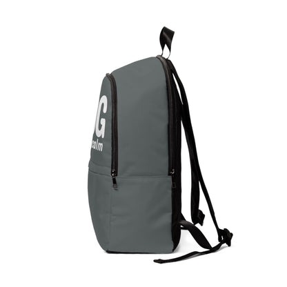 Gray backpack with a brand logo on a white background