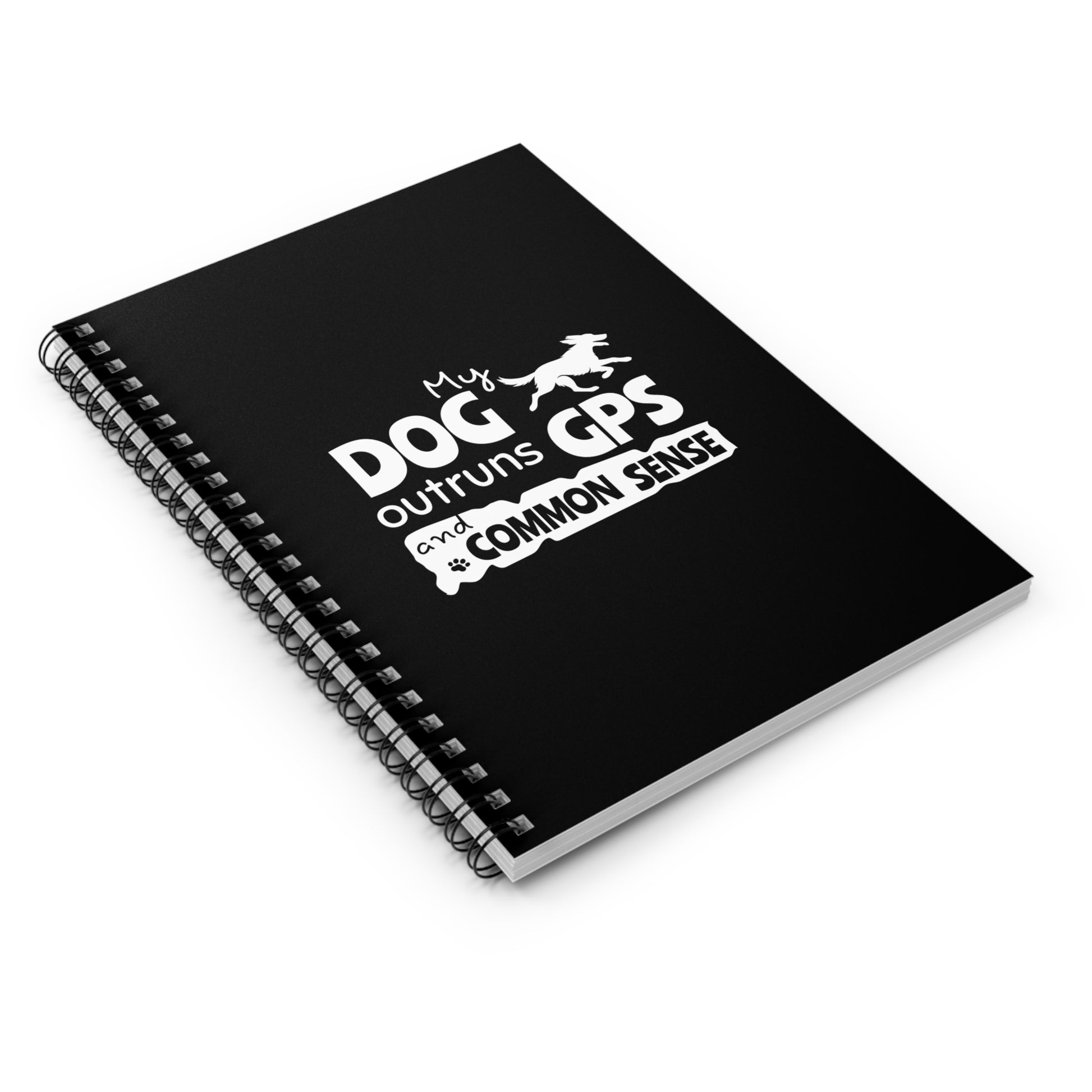 Black notebook with white text and dog illustration on a white background