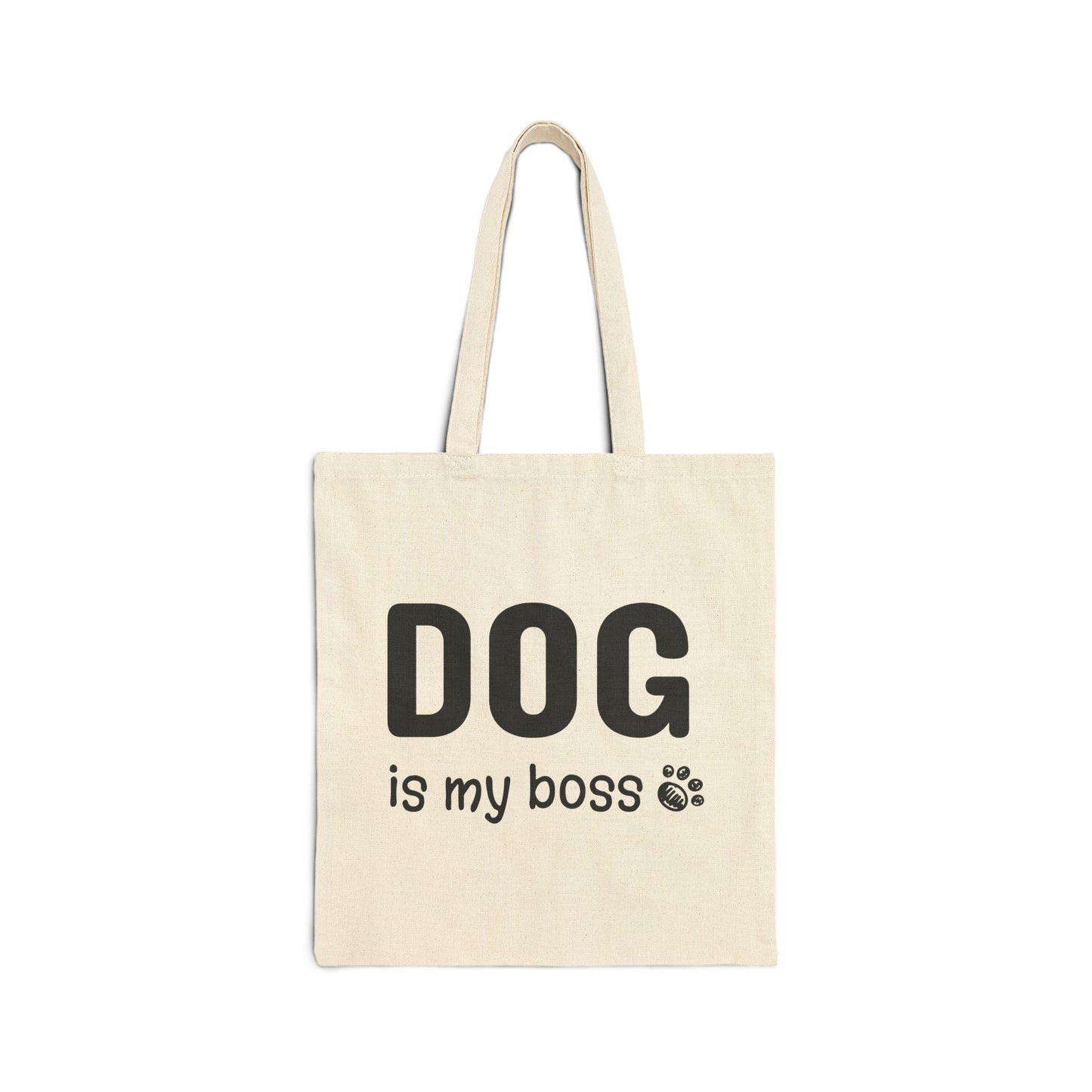 Beige tote bag with 'DOG is my boss' text on a white background