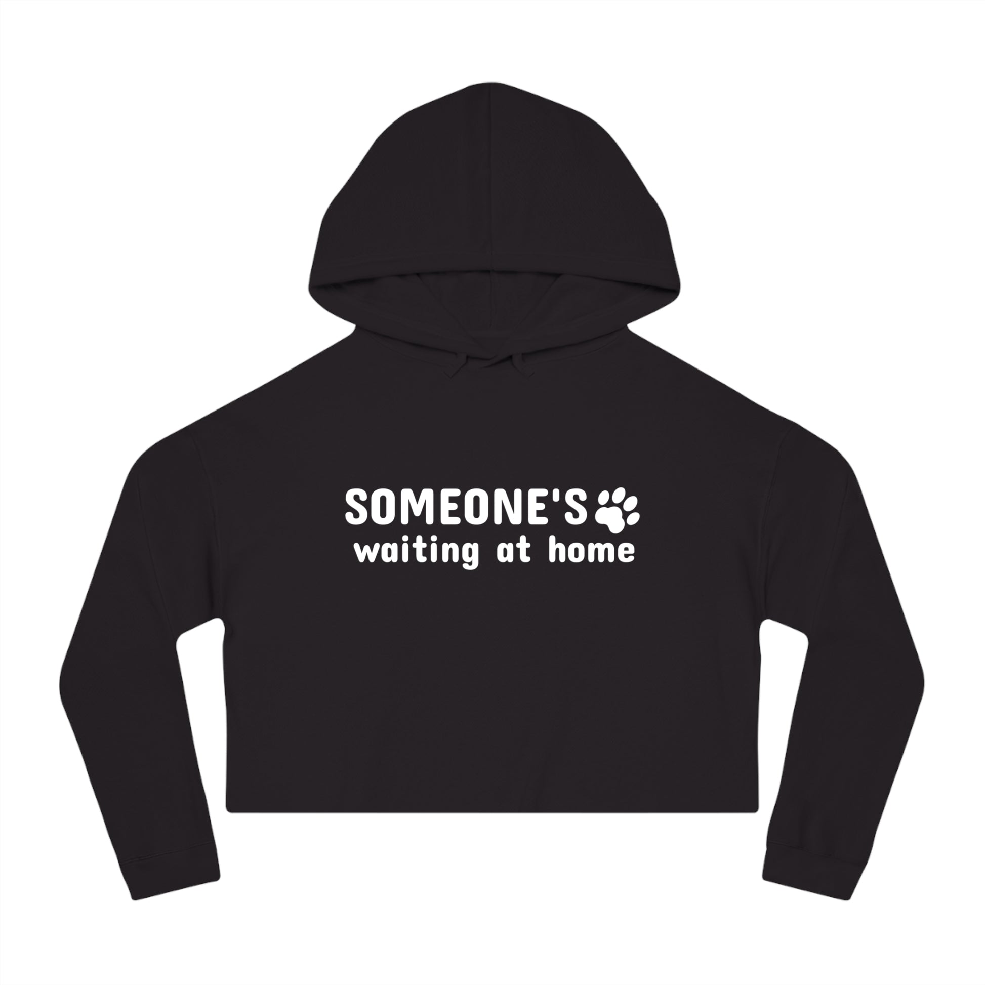 Black cropped hoodie with 'SOMEONE'S waiting at home' text on a white background