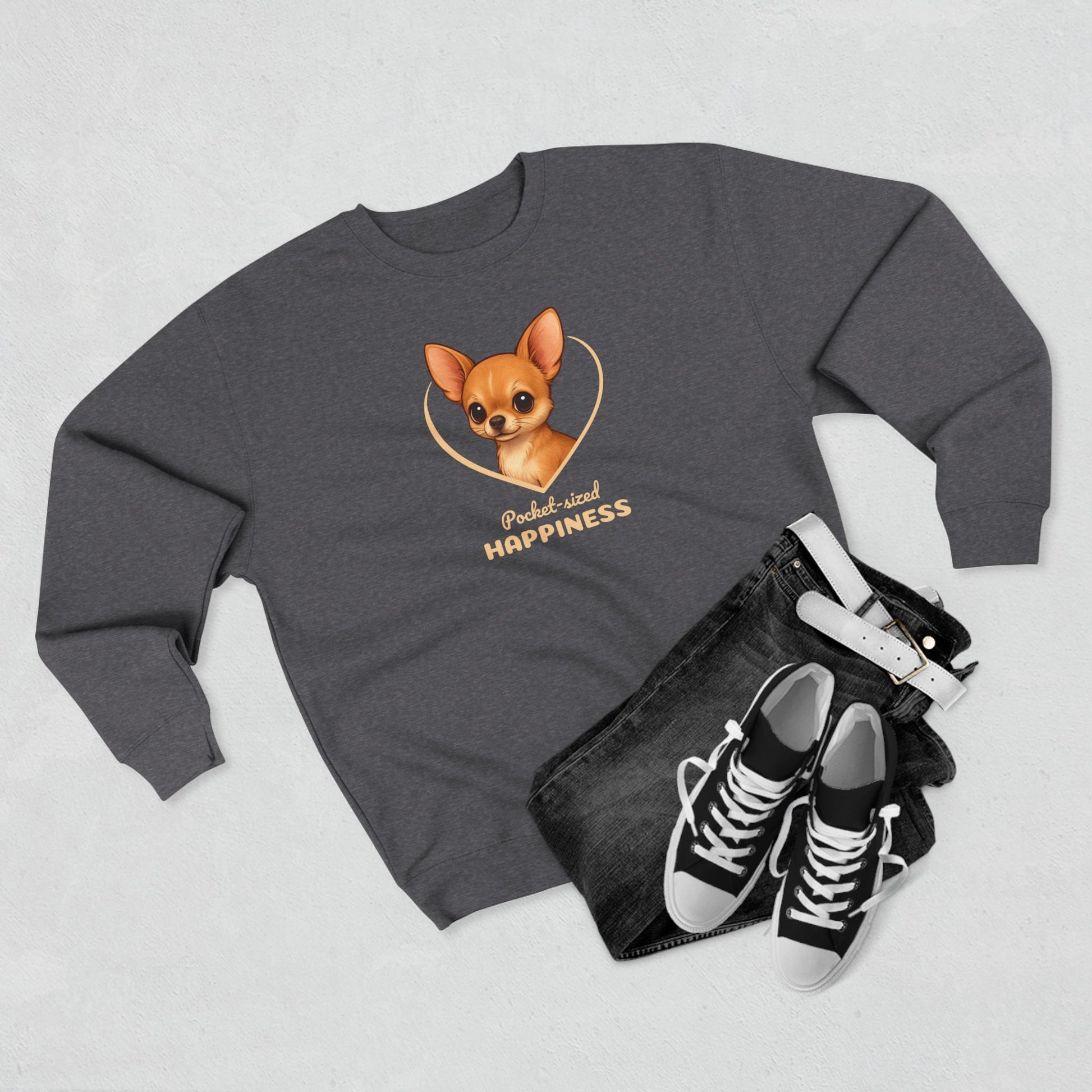 Gray sweatshirt with a dog graphic and text, paired with black jeans and sneakers on a light gray background.