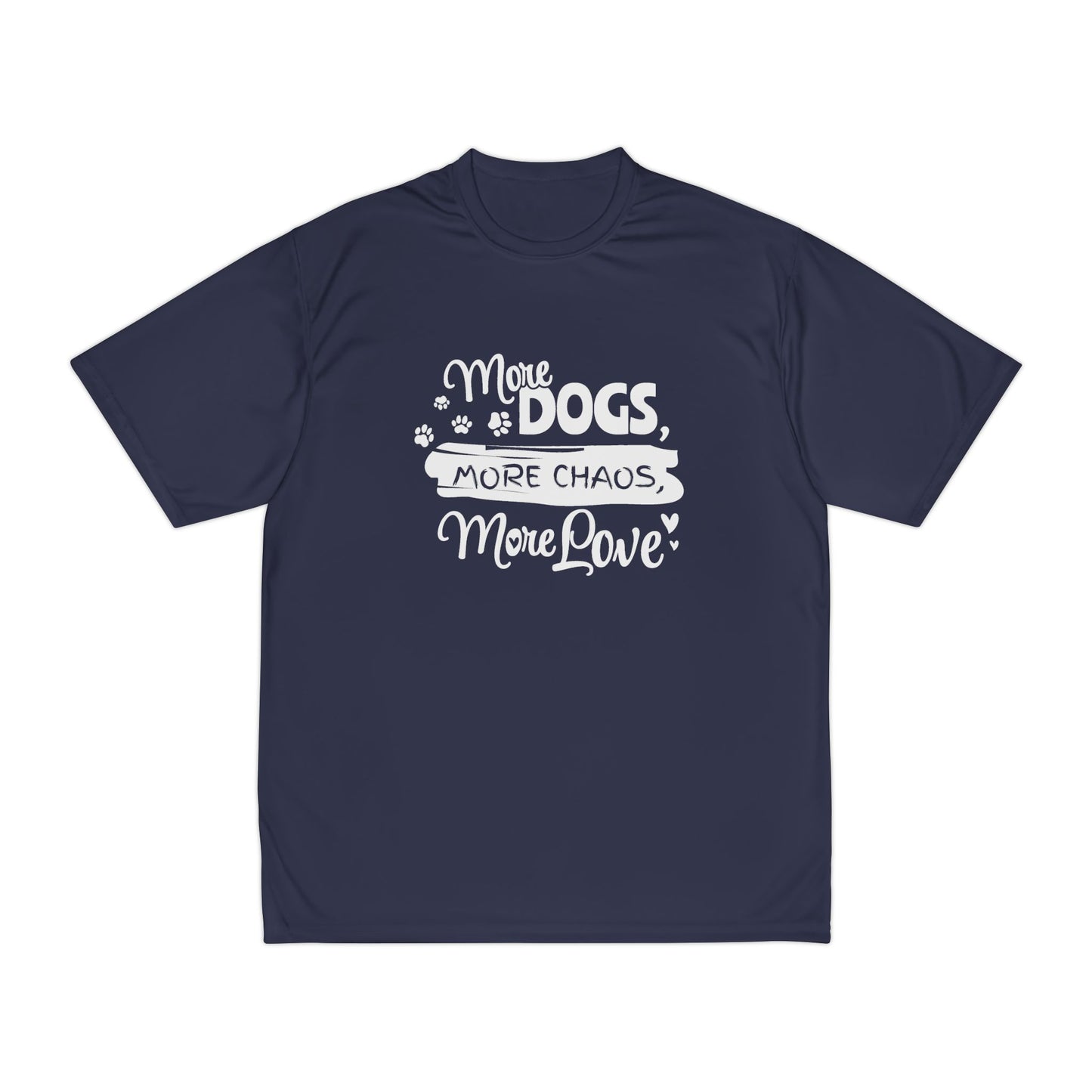 Navy blue t-shirt with white text and design on a white background