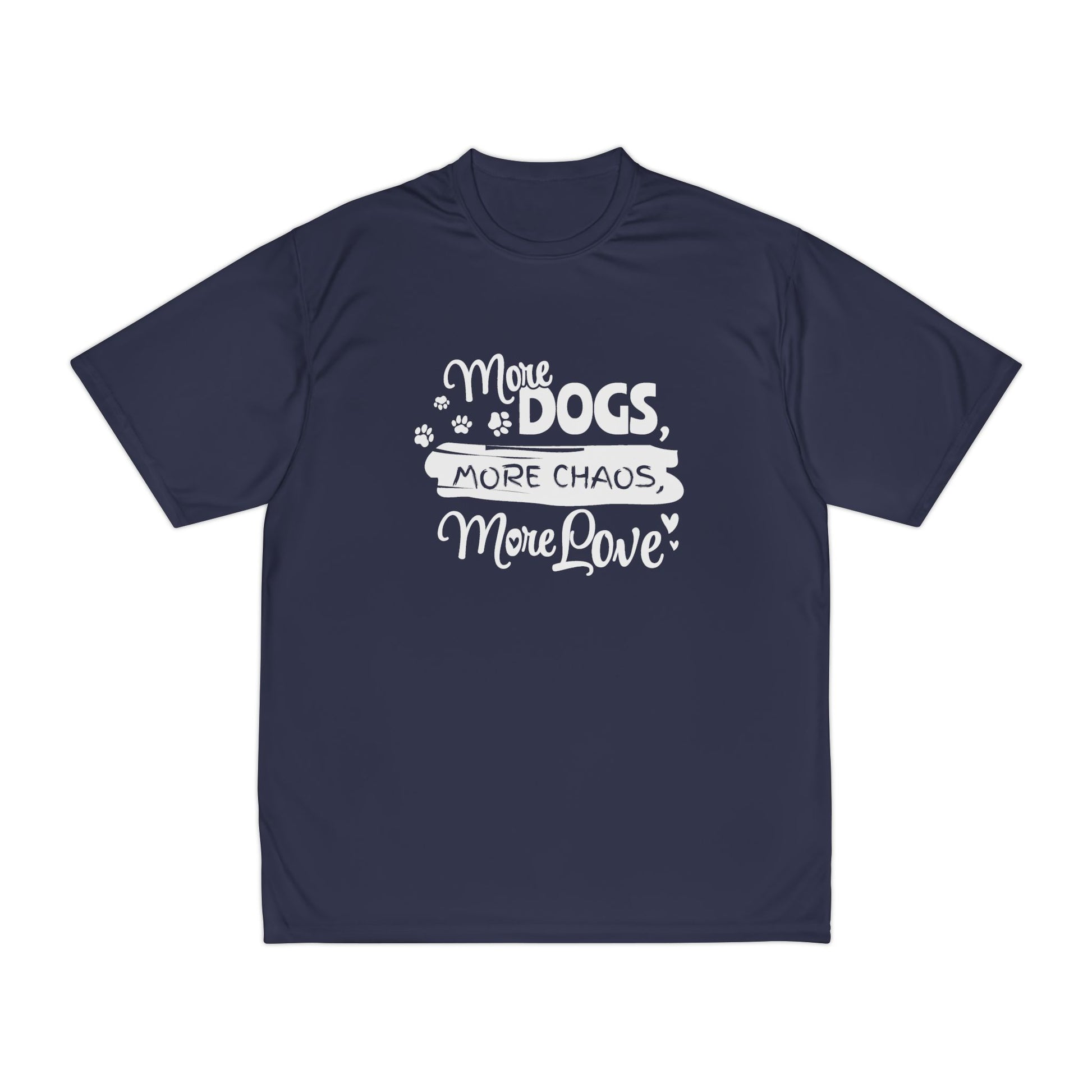 Navy blue t-shirt with white text and design on a white background
