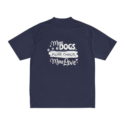 Navy blue t-shirt with white text and design on a white background
