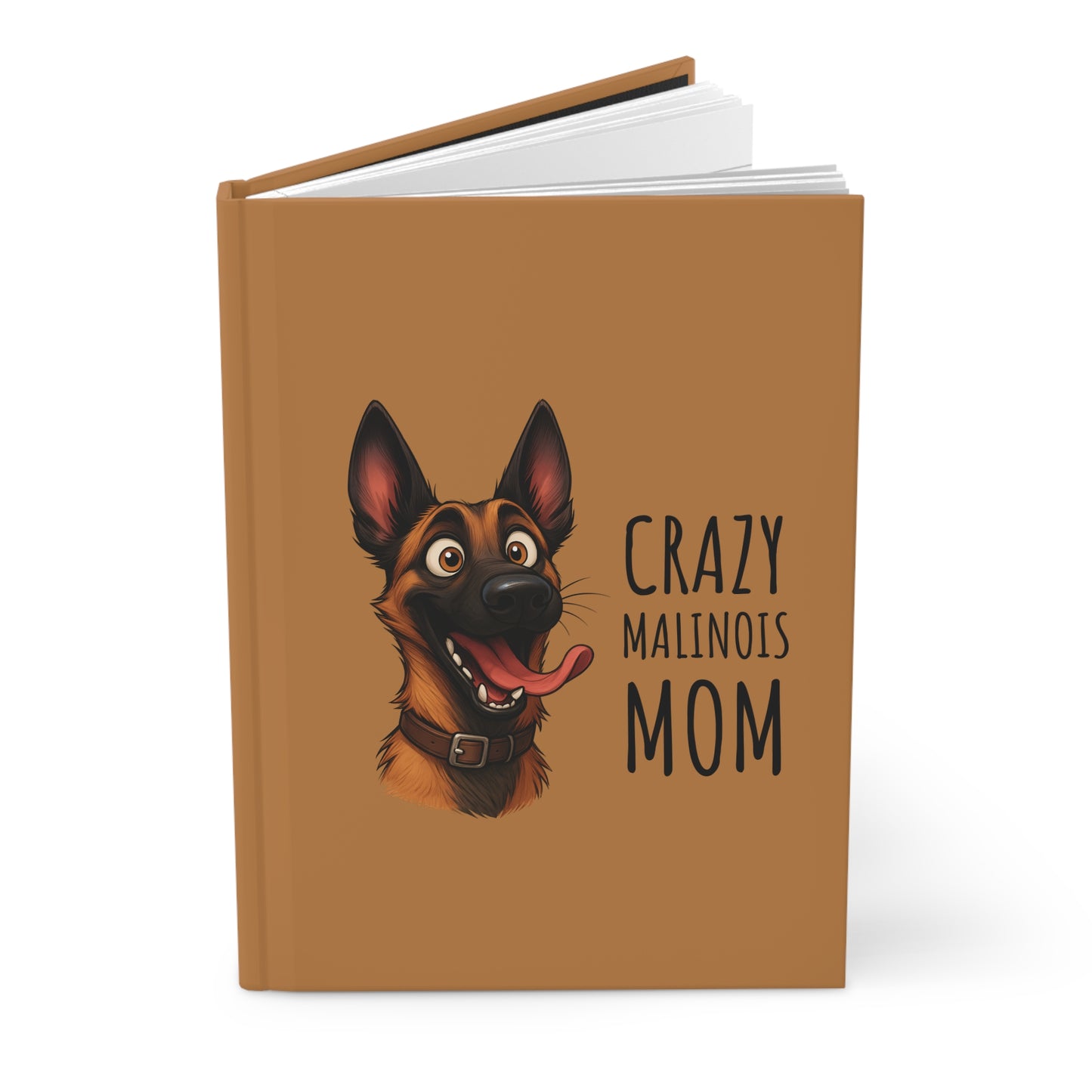 Brown notebook with a dog illustration and text on a white background