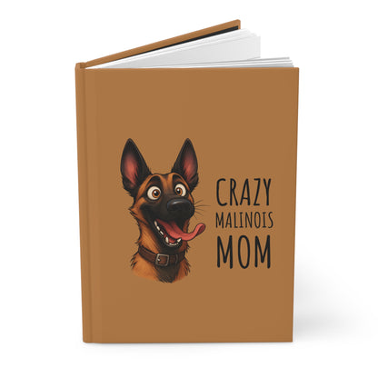 Brown notebook with a dog illustration and text on a white background