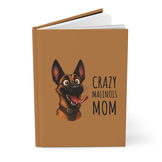 Brown notebook with a dog illustration and text on a white background