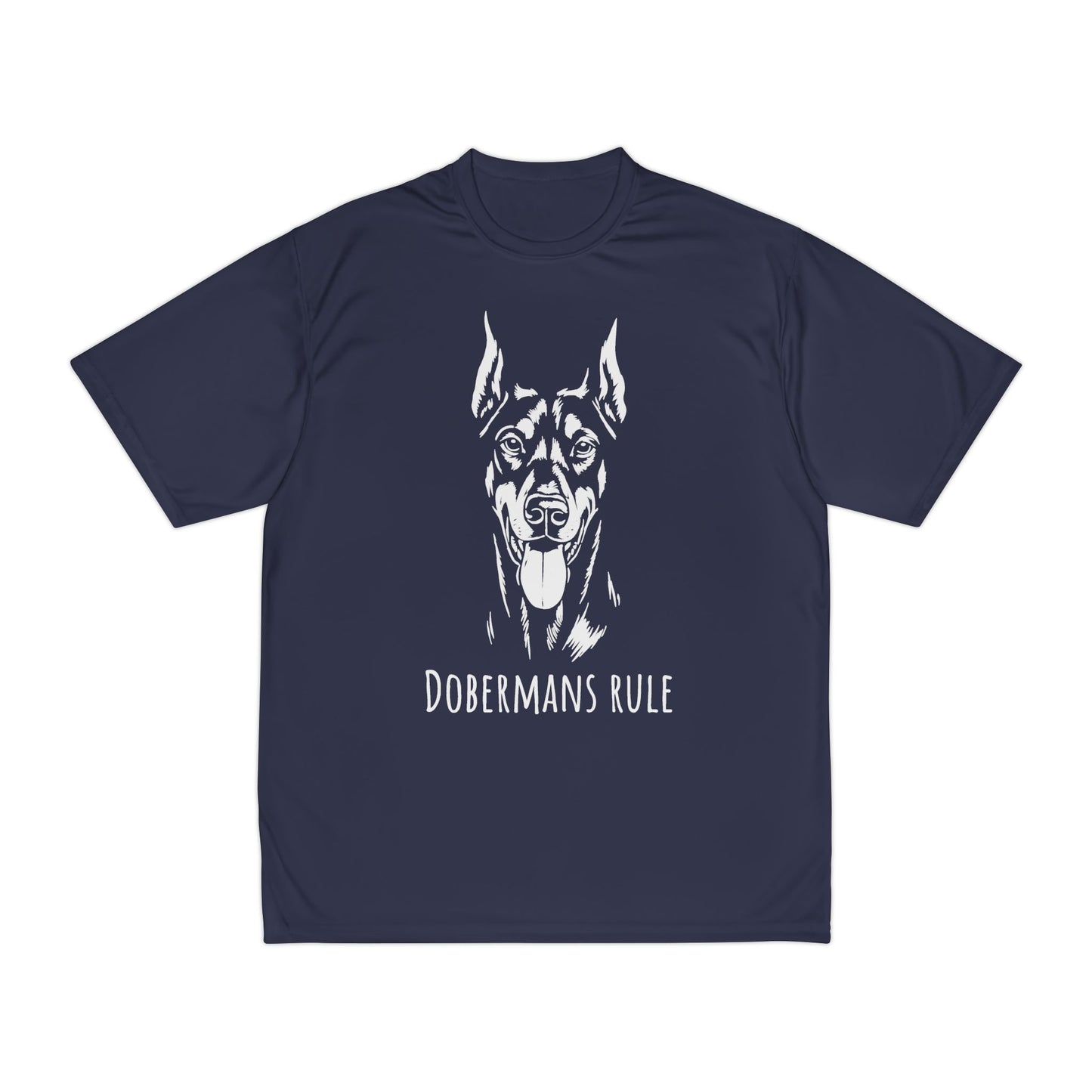 Navy blue t-shirt with a white Doberman graphic and 'Dobermans Rule' text on a white background