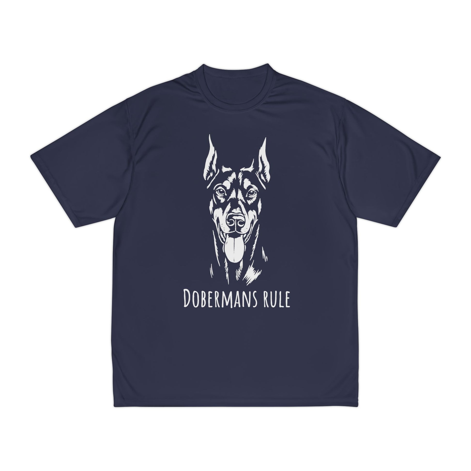 Navy blue t-shirt with a white Doberman graphic and 'Dobermans Rule' text on a white background