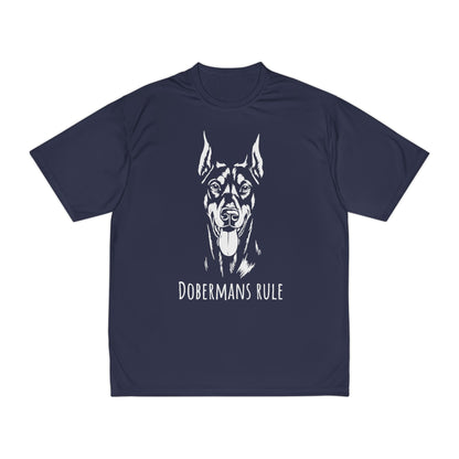 Navy blue t-shirt with a white Doberman graphic and 'Dobermans Rule' text on a white background