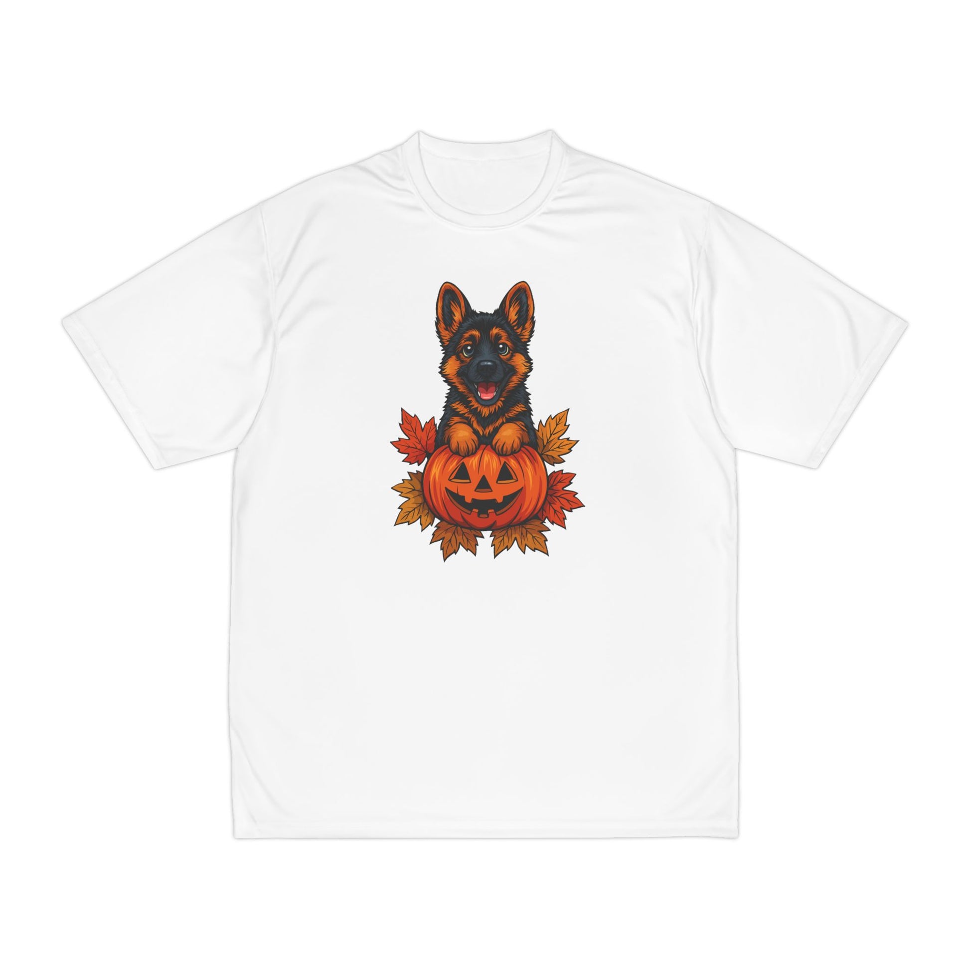 White t-shirt with a German Shepherd dog in a pumpkin costume on a white background