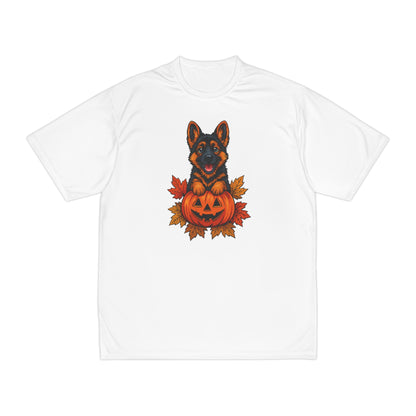 White t-shirt with a German Shepherd dog in a pumpkin costume on a white background