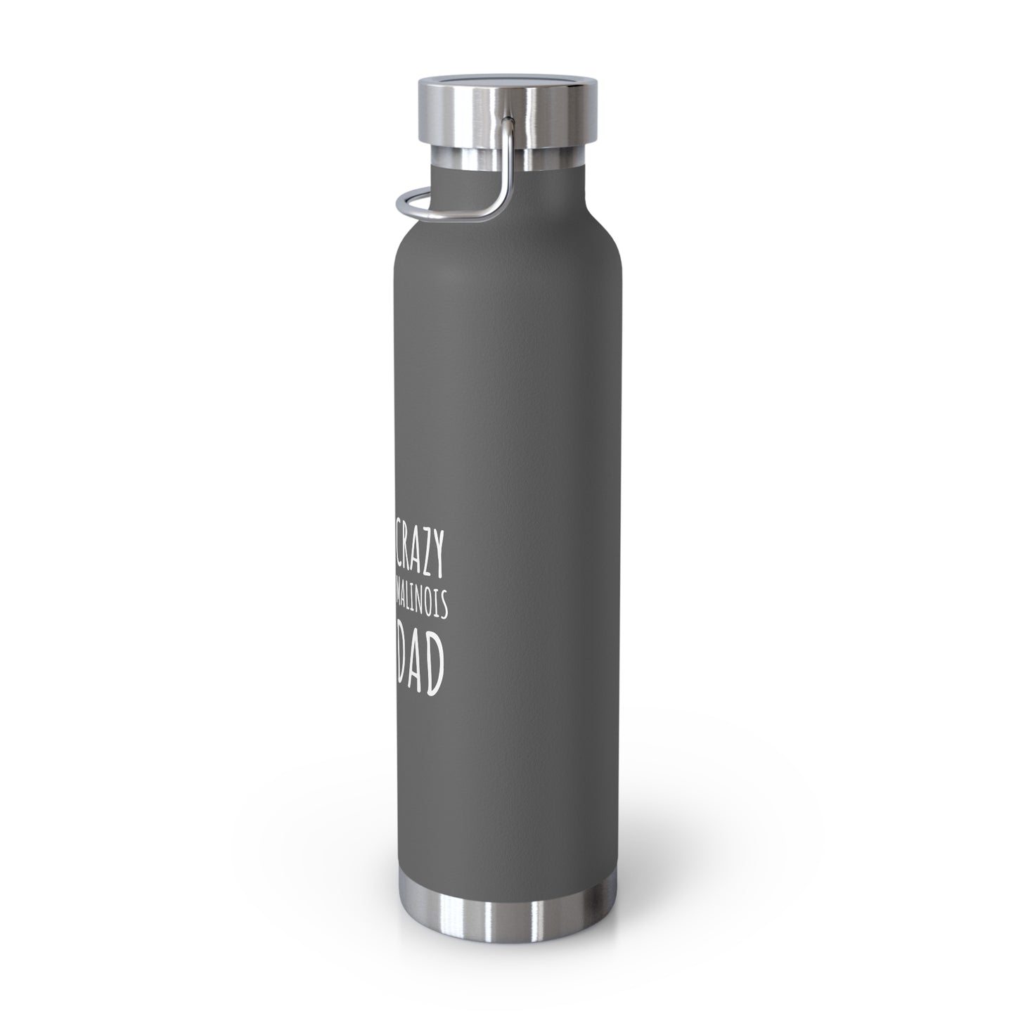 Gray water bottle with silver cap on a white background