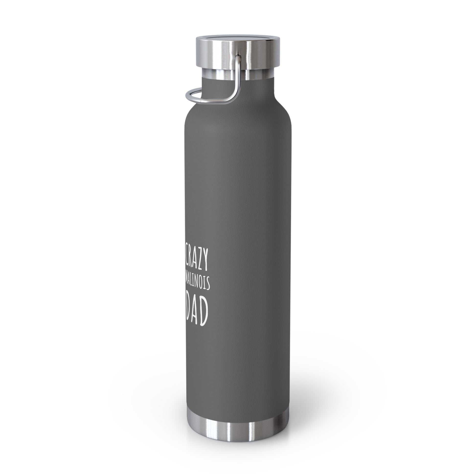 Gray water bottle with silver cap on a white background