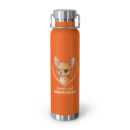 Orange water bottle with a dog illustration and 'Pocket-sized Happiness' text on a white background