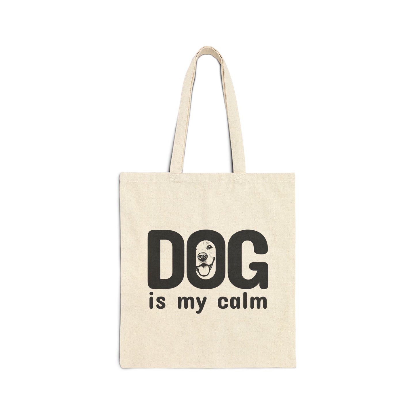 Beige tote bag with 'DOG is my calm' text on a white background
