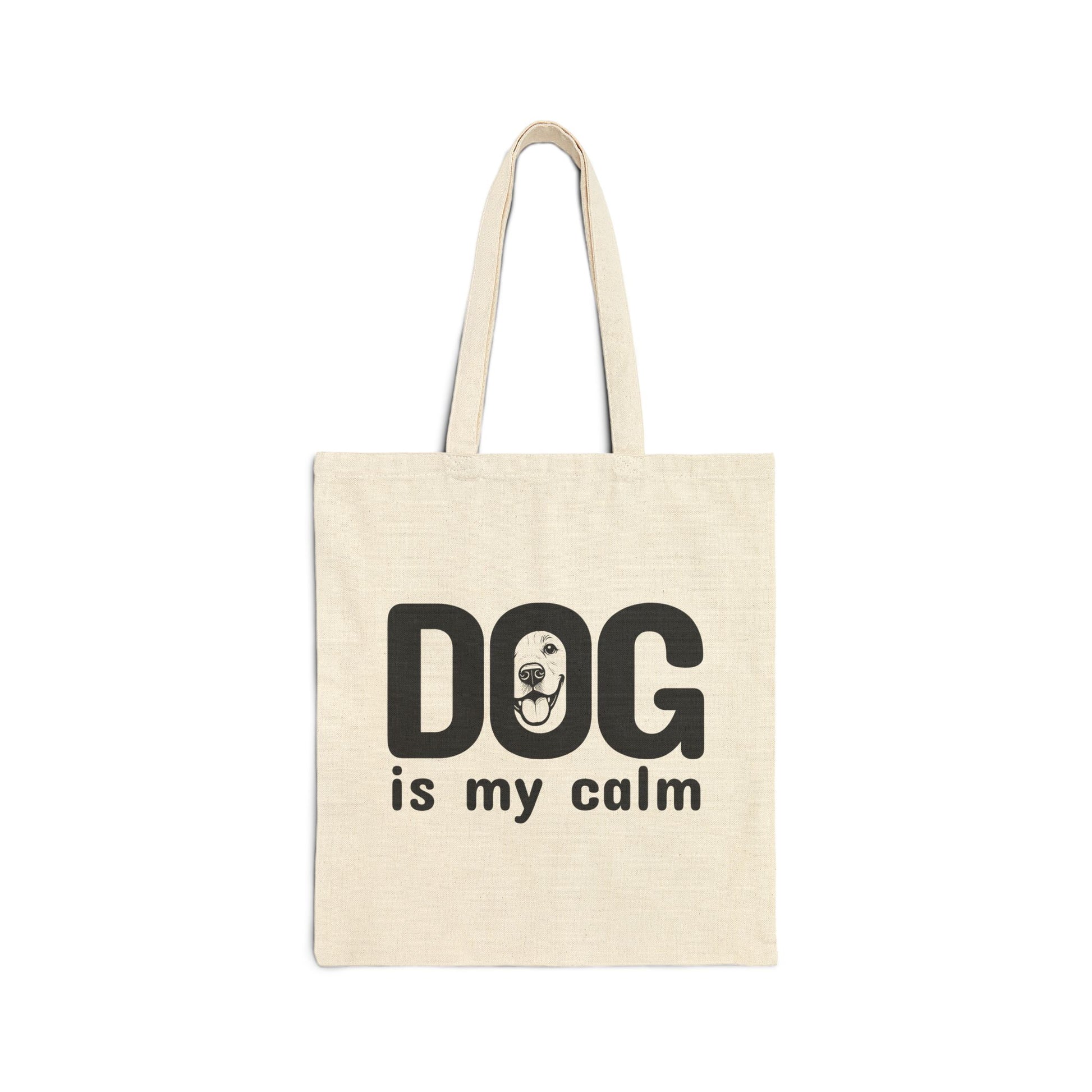 Beige tote bag with 'DOG is my calm' text on a white background