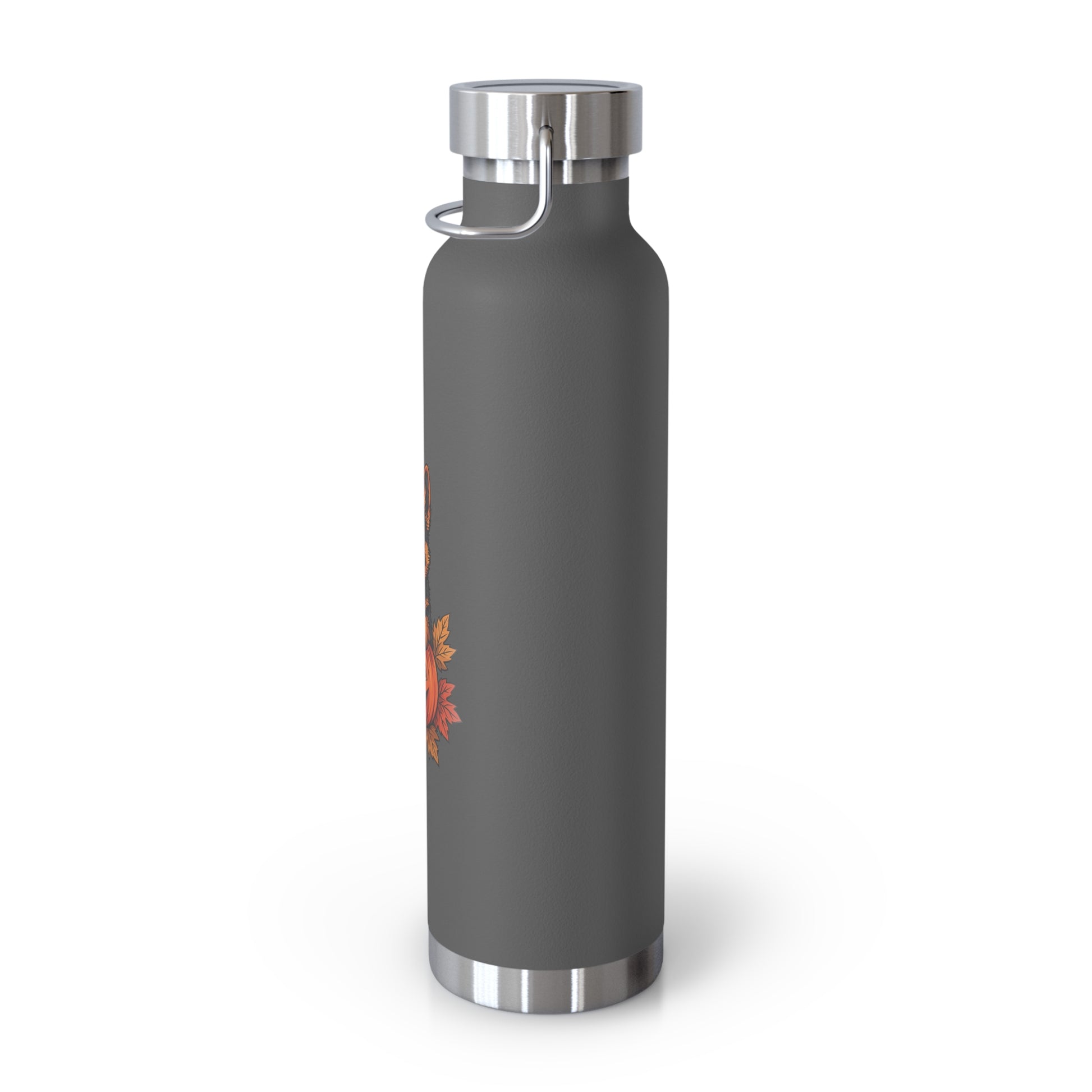 Gray water bottle with a silver cap on a white background