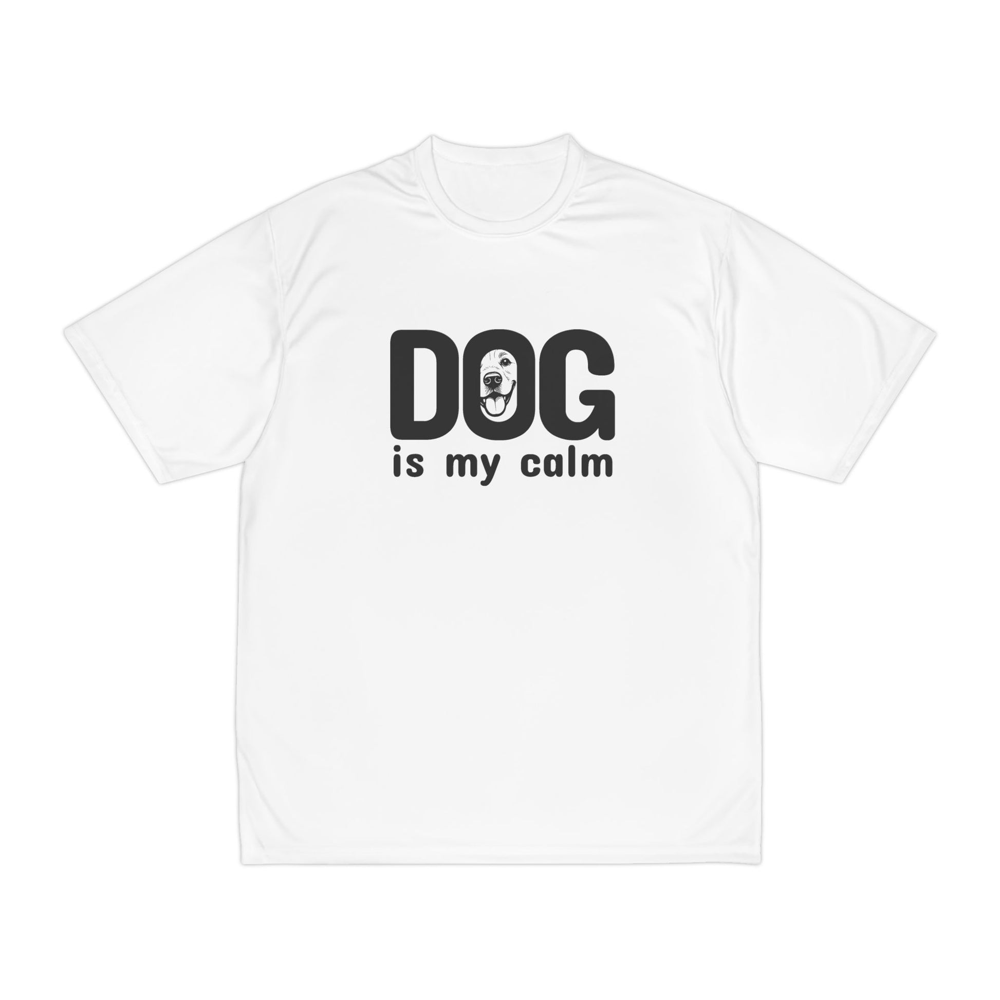 White t-shirt with 'DOG is my calm' text and graphic on a white background