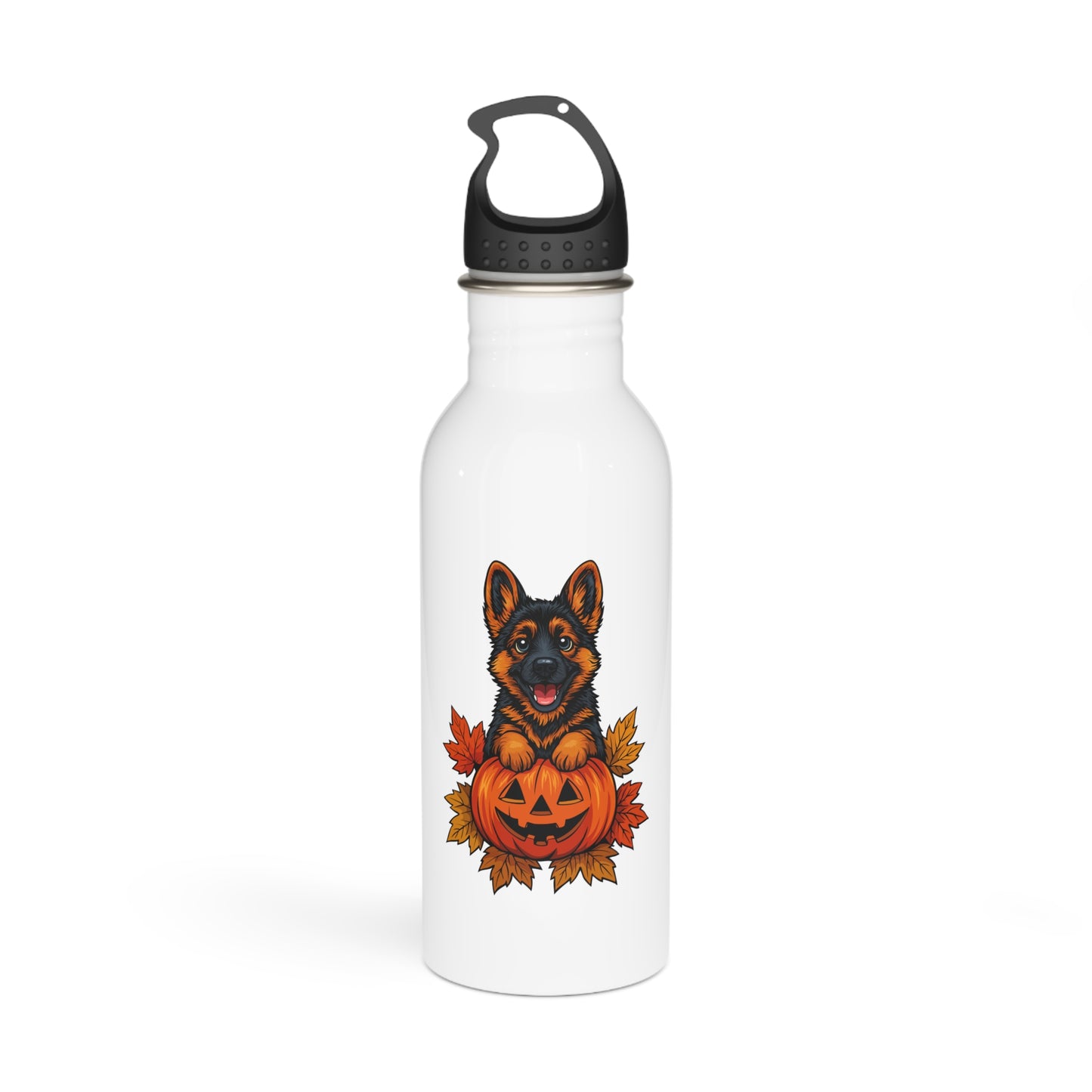 White water bottle with a German Shepherd and pumpkin design on a white background