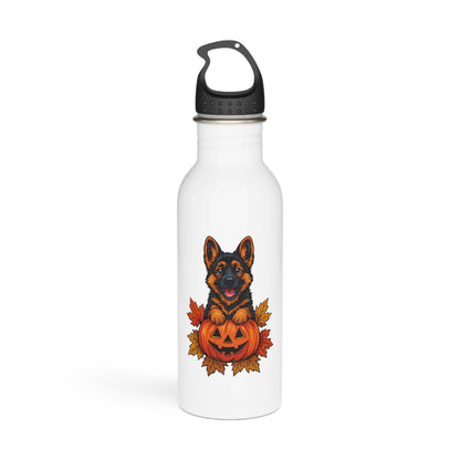 White water bottle with a German Shepherd and pumpkin design on a white background