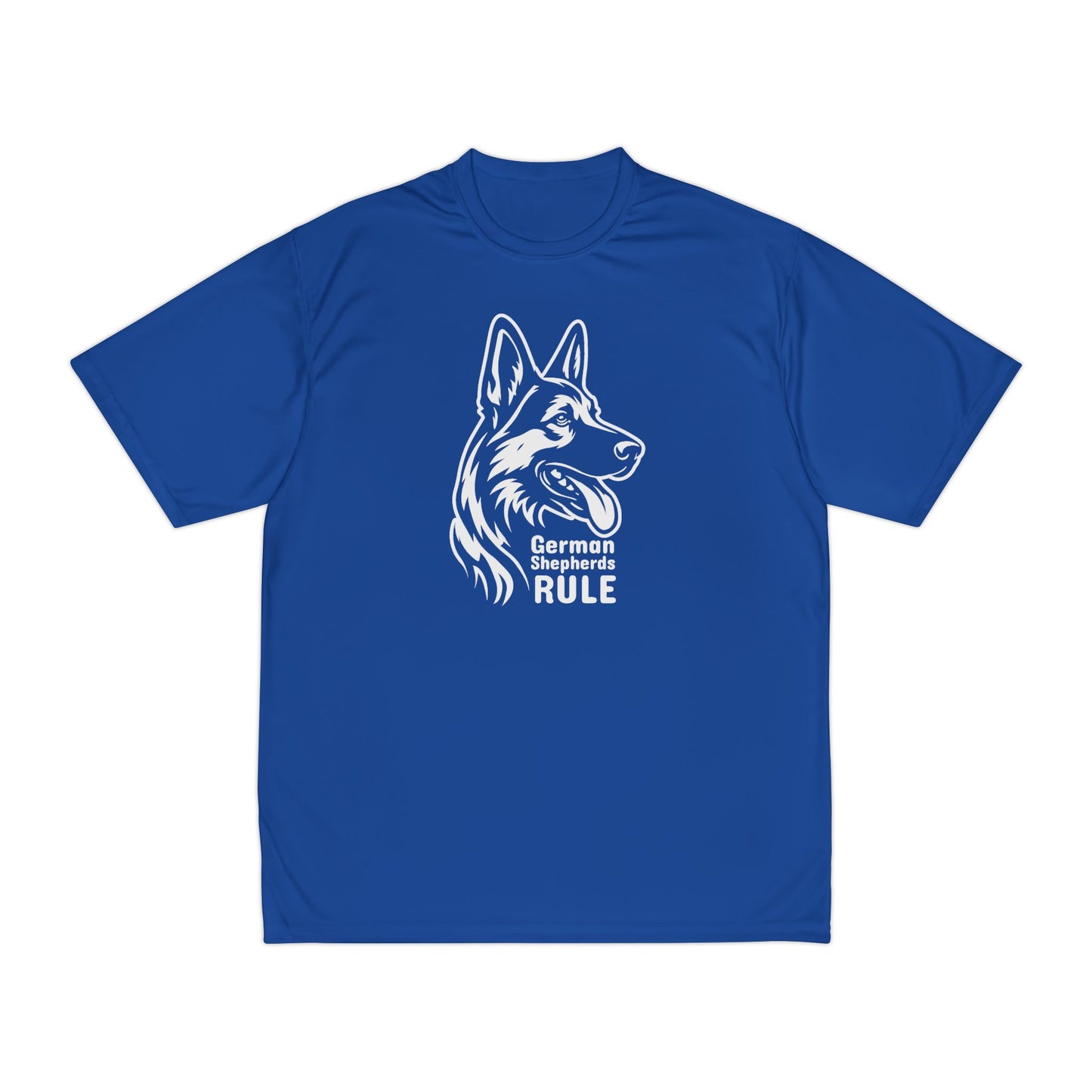Blue t-shirt with a white German Shepherd graphic and 'German Shepherds Rule' text on a white background