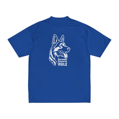 Blue t-shirt with a white German Shepherd graphic and 'German Shepherds Rule' text on a white background