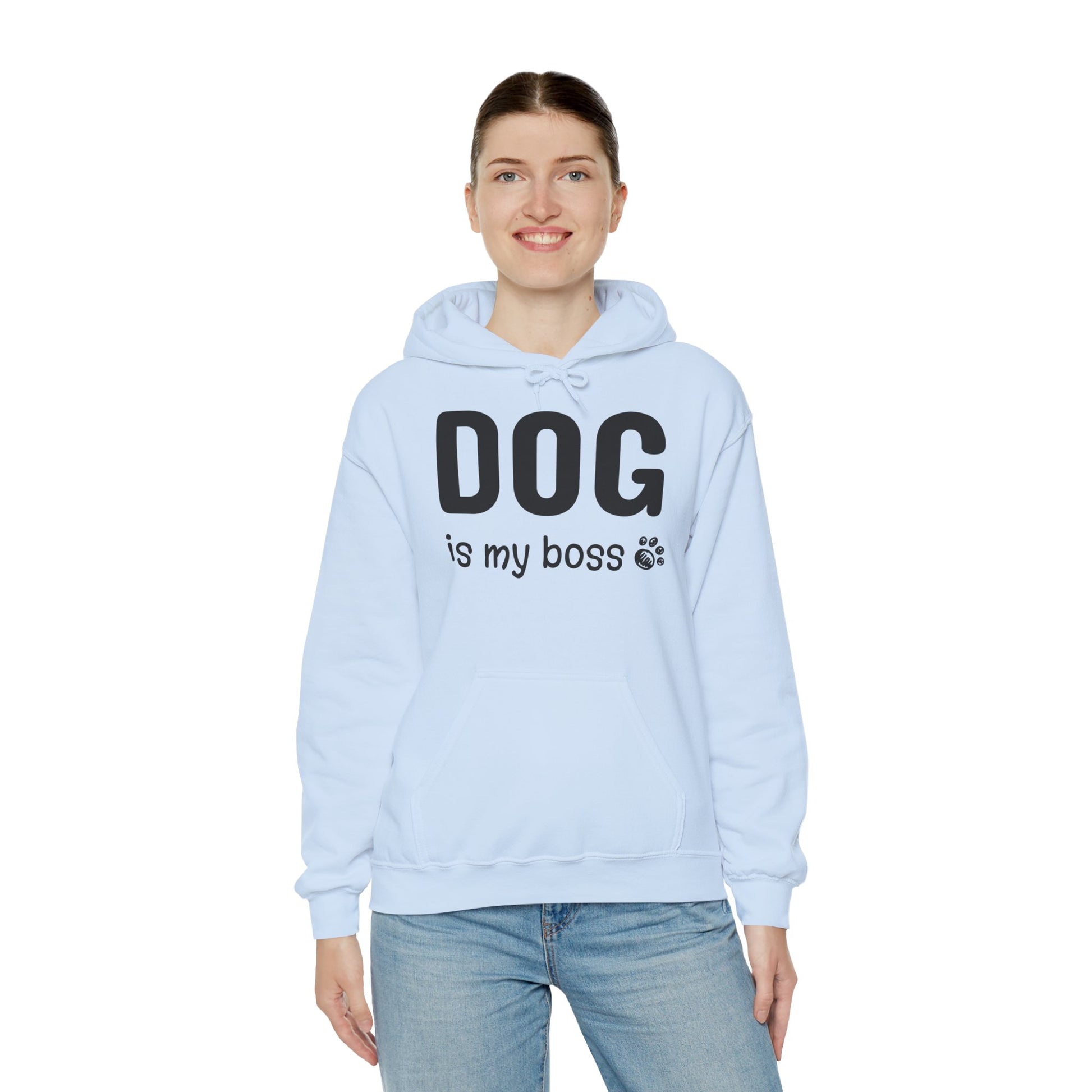 Light blue hoodie with 'DOG is my boss' text worn by a person on a white background