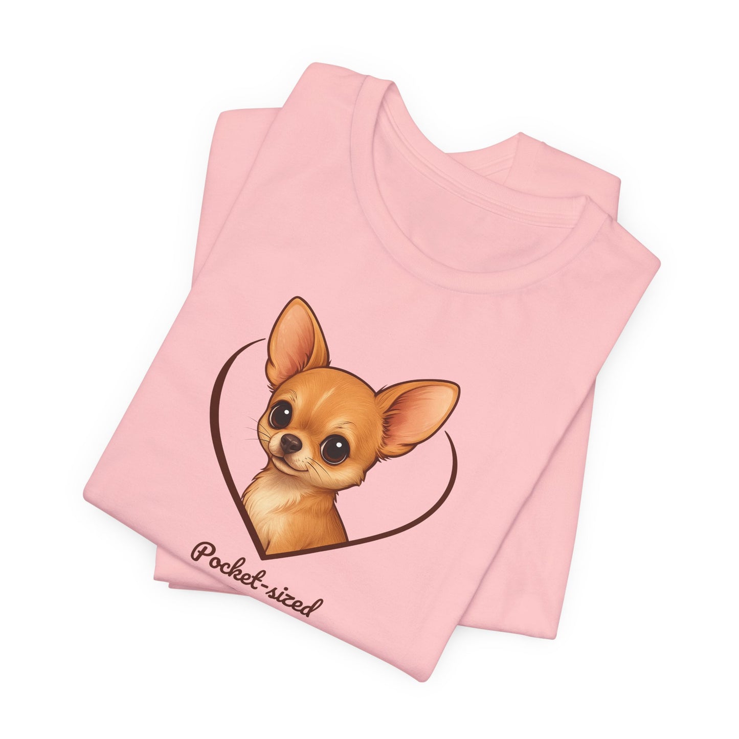 Pink t-shirt with a chihuahua design and 'pocket-sized' text on a white background