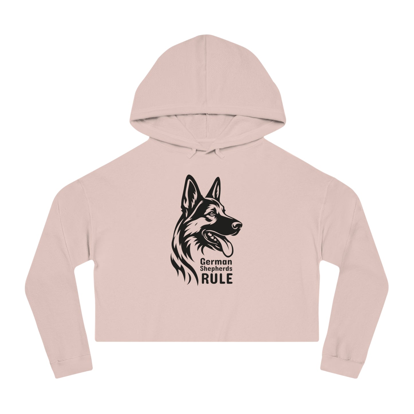 Pink cropped hoodie with a black German Shepherd graphic and 'German Shepherds Rule' text on a white background.