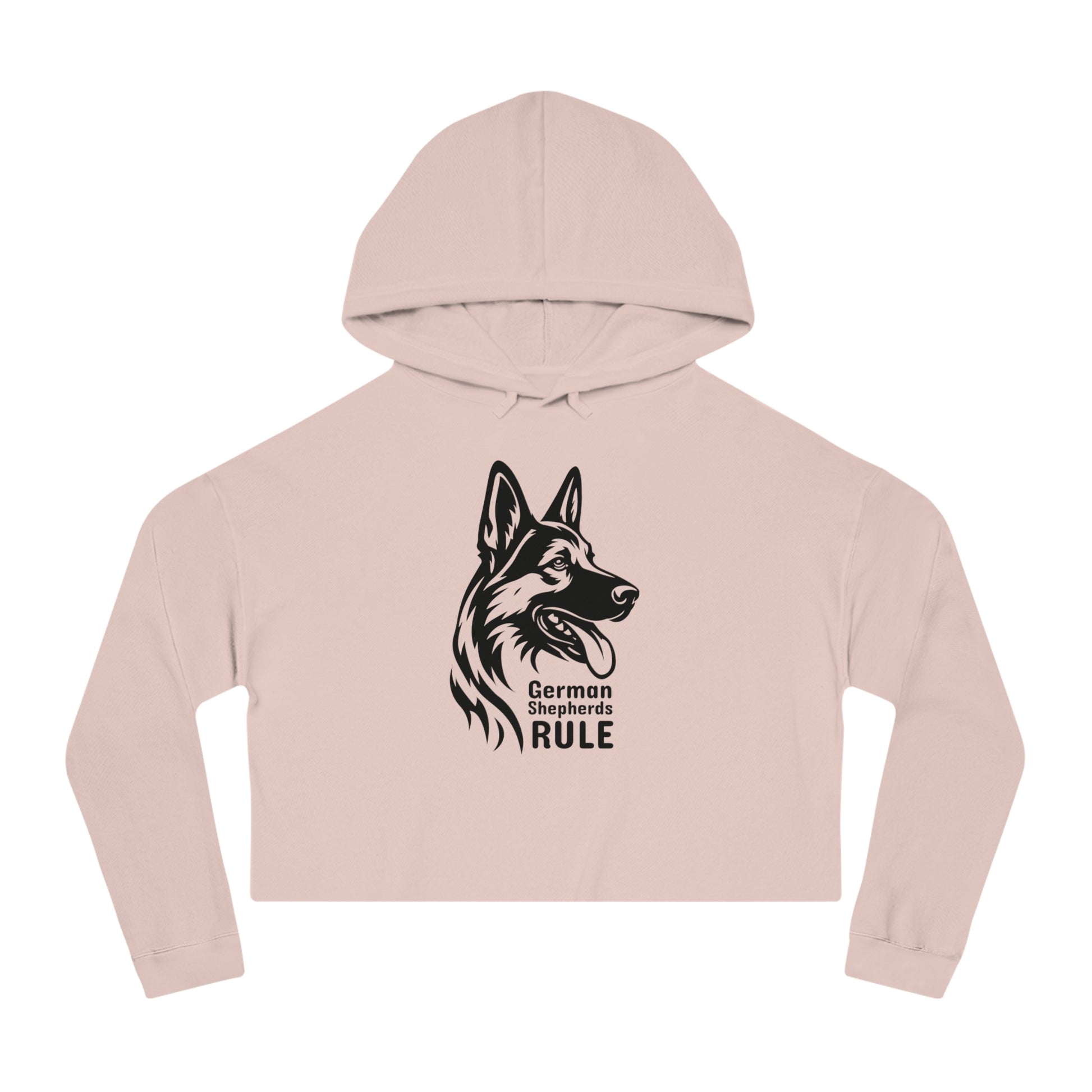 Pink cropped hoodie with a black German Shepherd graphic and 'German Shepherds Rule' text on a white background.