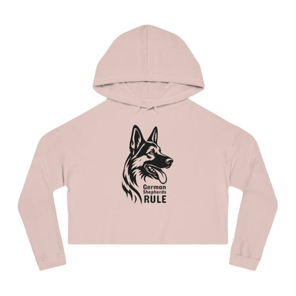 Pink cropped hoodie with a black German Shepherd graphic and 'German Shepherds Rule' text on a white background.
