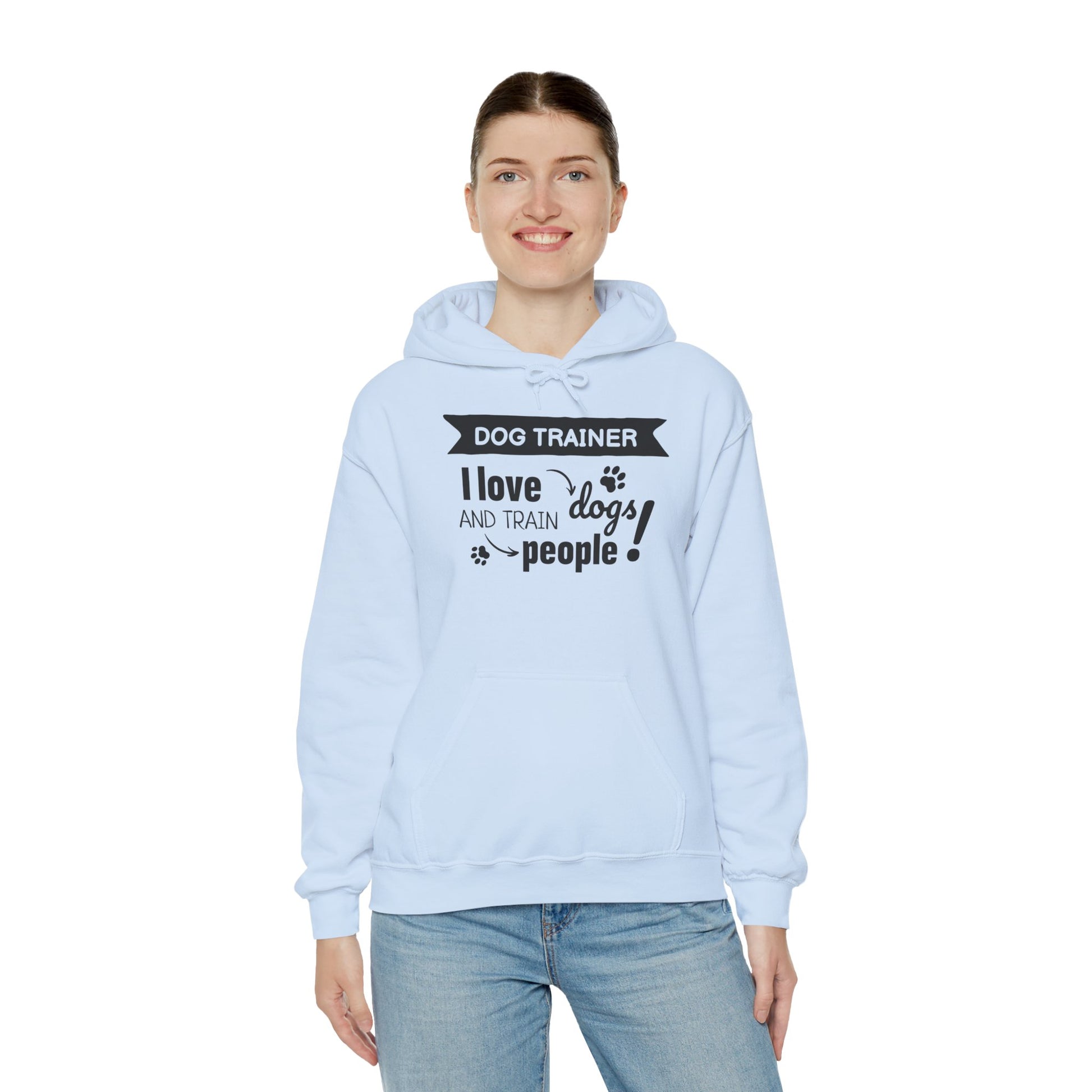 Person wearing a light blue hoodie with text on a white background