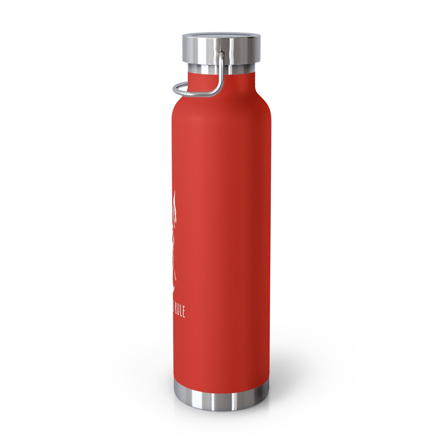 Red water bottle with silver cap on a white background