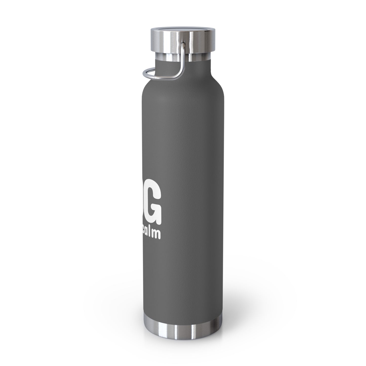 Gray water bottle with a silver cap on a white background