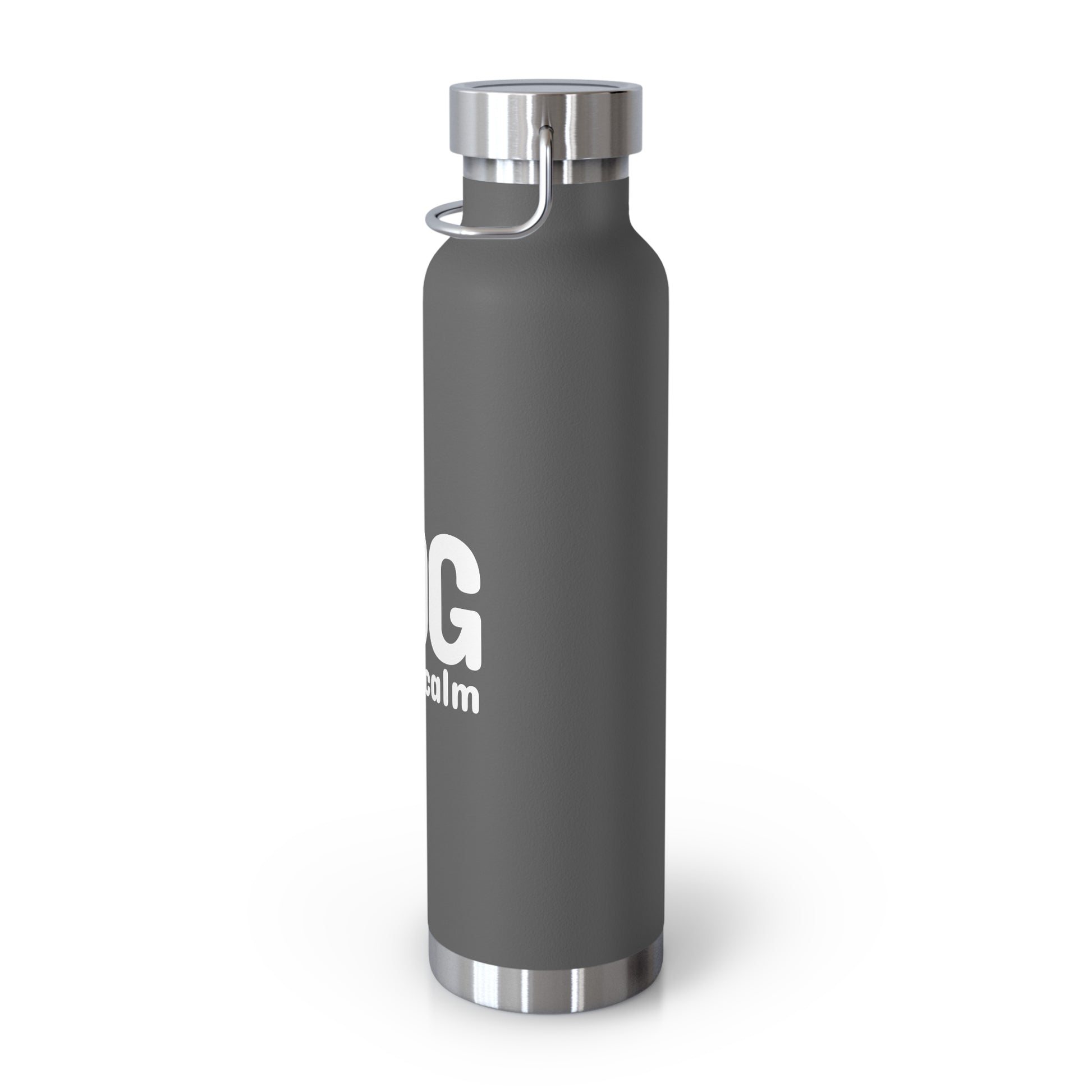 Gray water bottle with a silver cap on a white background