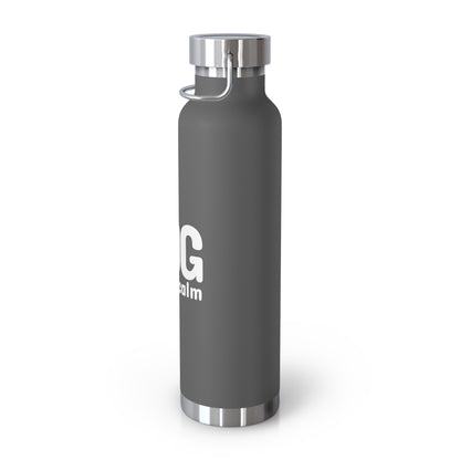 Gray water bottle with a silver cap on a white background