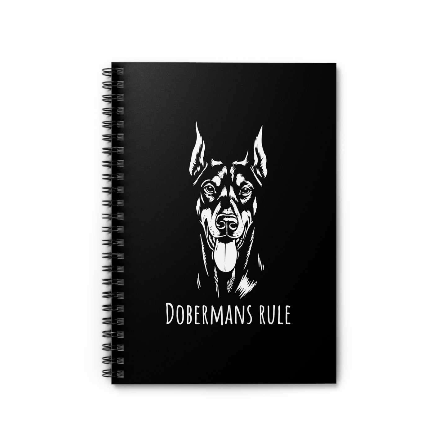 Black notebook with a Doberman illustration and 'Dobermans Rule' text on a white background