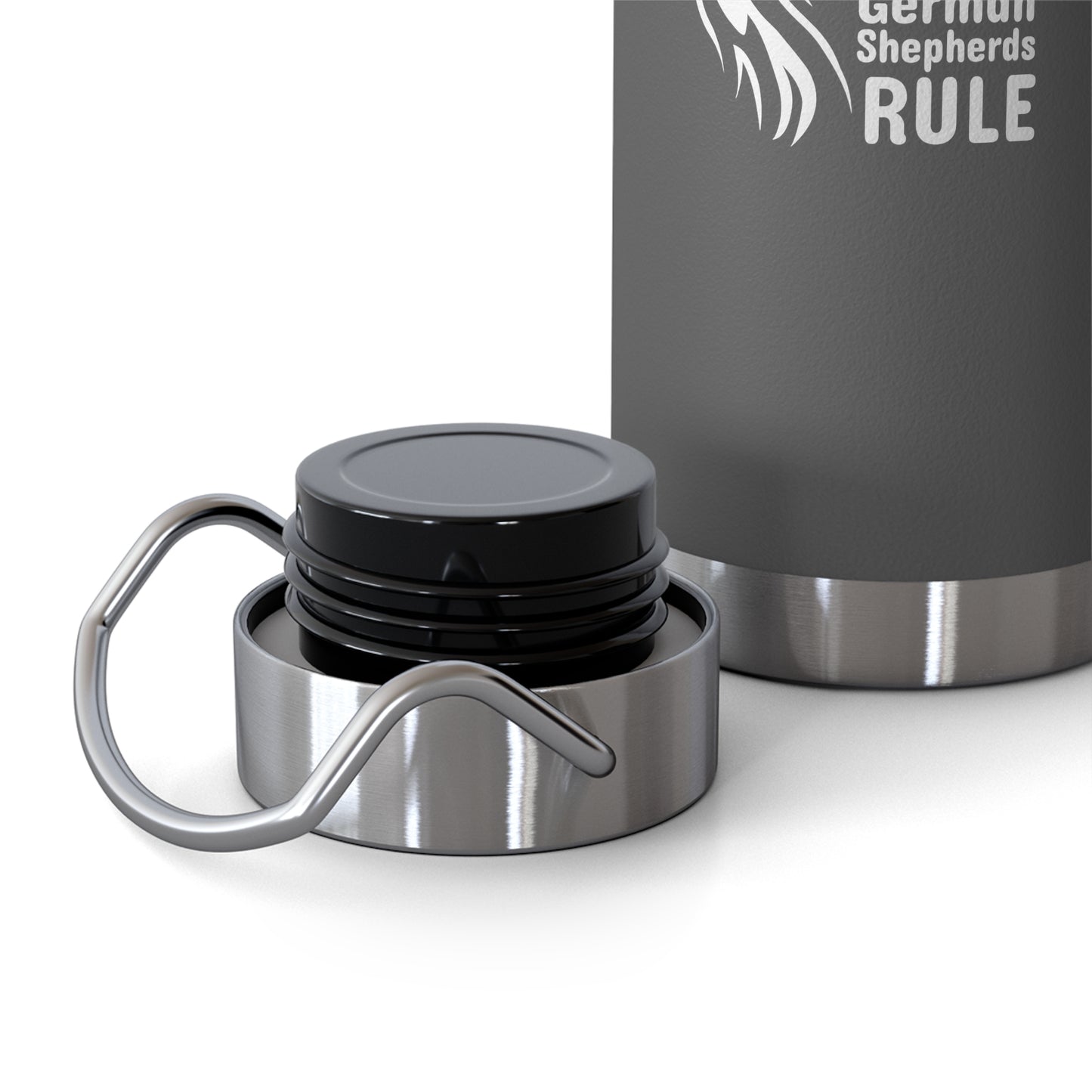 Silver thermos with black cap and 'German Shepherds Rule' text on a gray background
